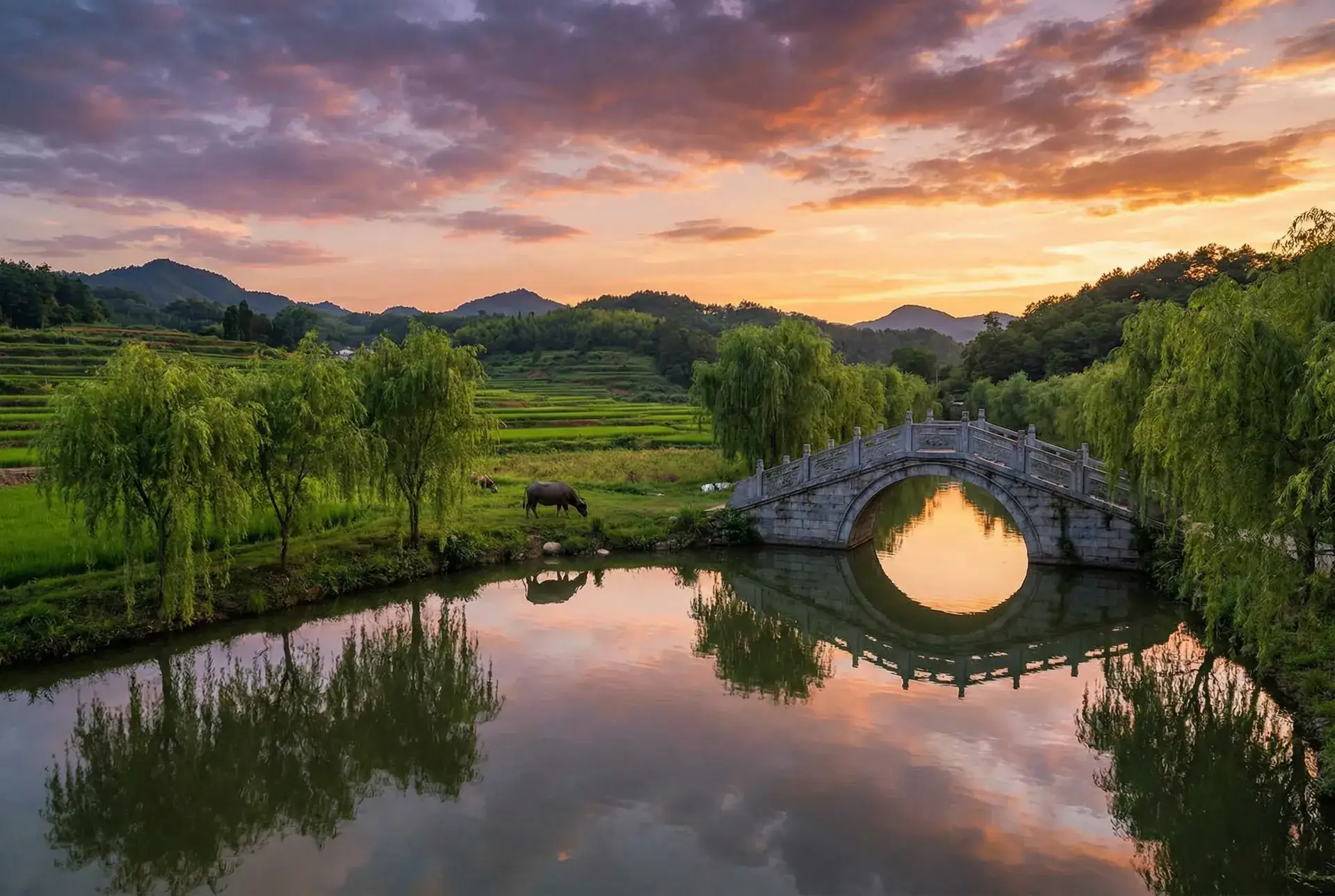 夕阳下的石拱桥与垂柳，水牛在河边吃草 - 白洁下载 乡村美景